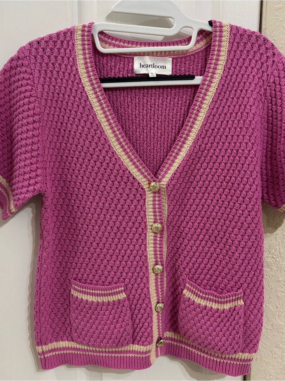 heartloom Pink Short-Sleeve Knit Cardigan with Contrast Trim